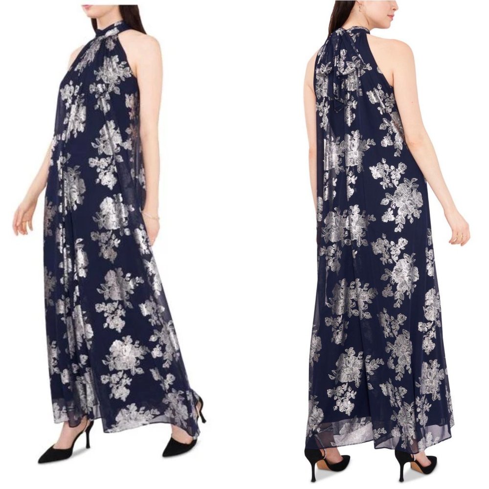 MSK Women's Metallic Floral Halter Jumpsuit, Navy & Silver